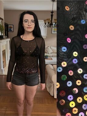 Vintage Cache Y2K Mesh Black Top Multi Colored Sequins Size Medium